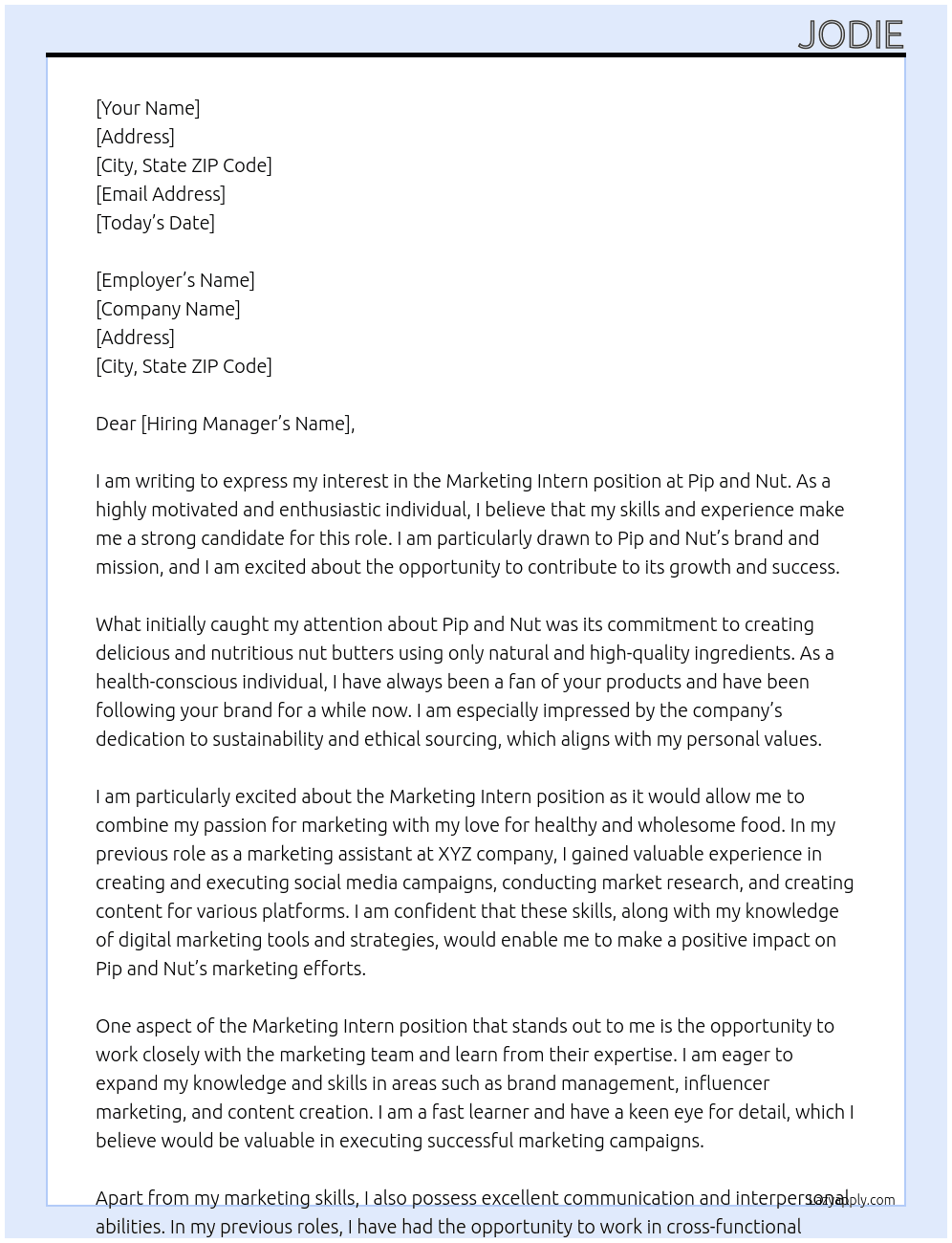 marketing intern At pip and nut Cover Letter