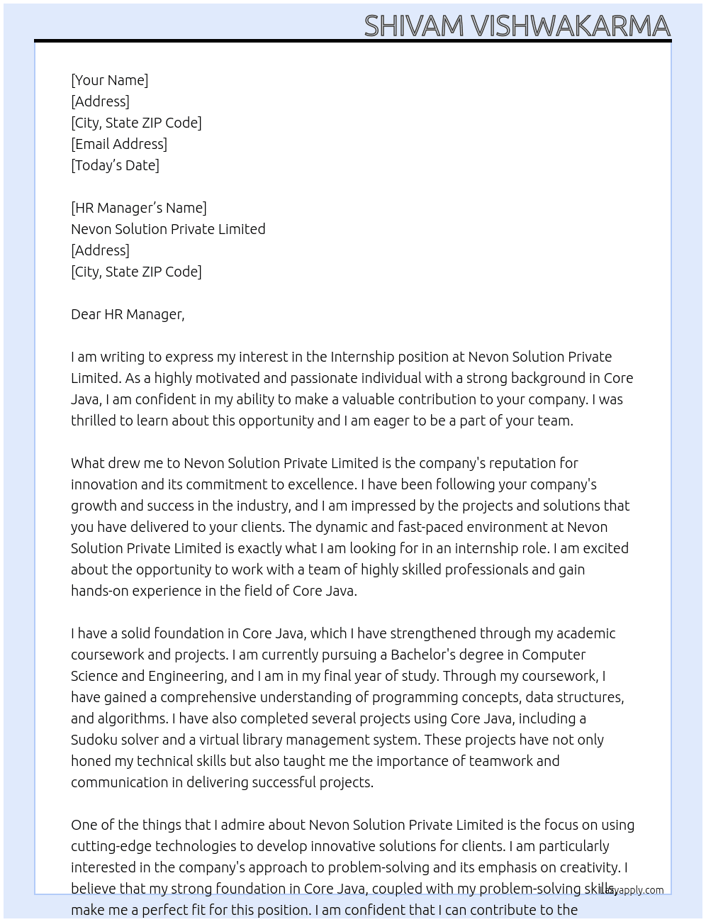 Intern At Nevon solution private limited  Cover Letter