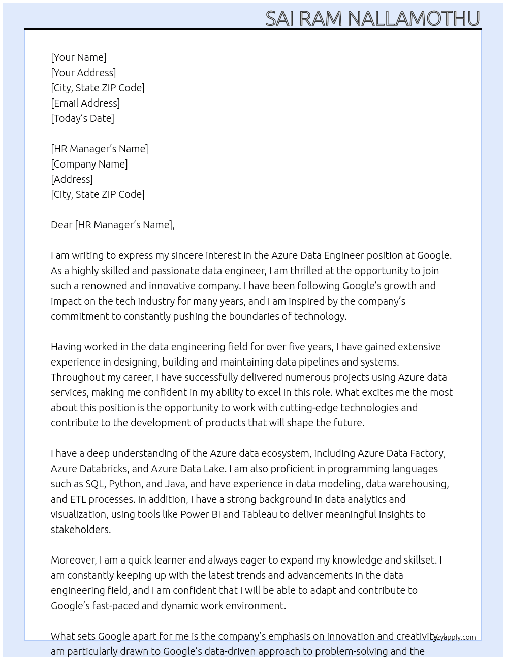 Azure Data Engineer At google Cover Letter