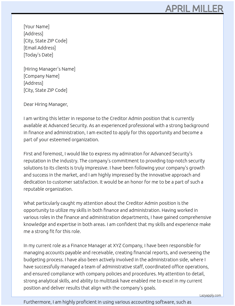 Creditor Admin At Advanced Security Cover Letter