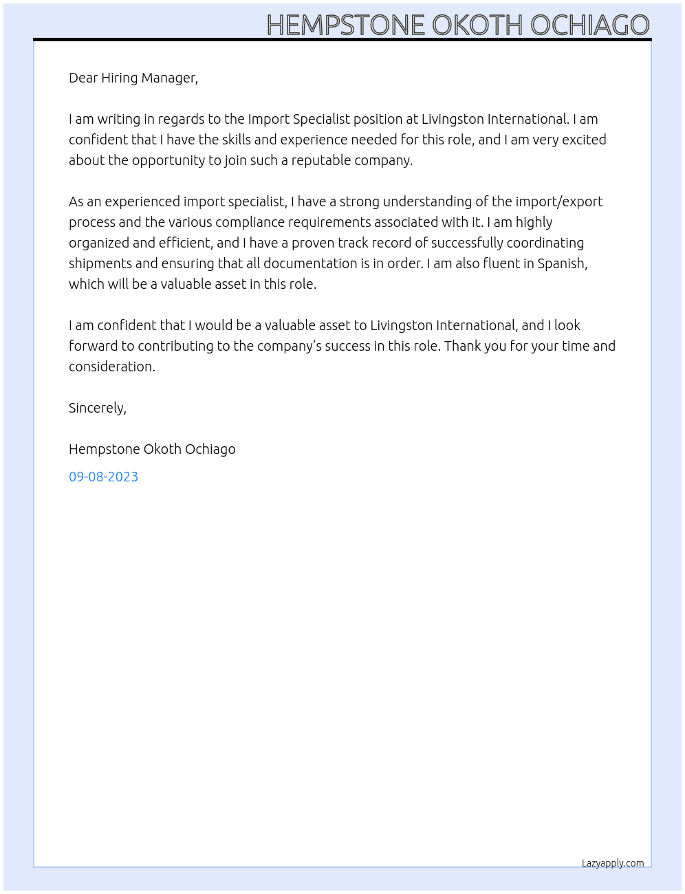 Cover letter for import specialist - LazyApply