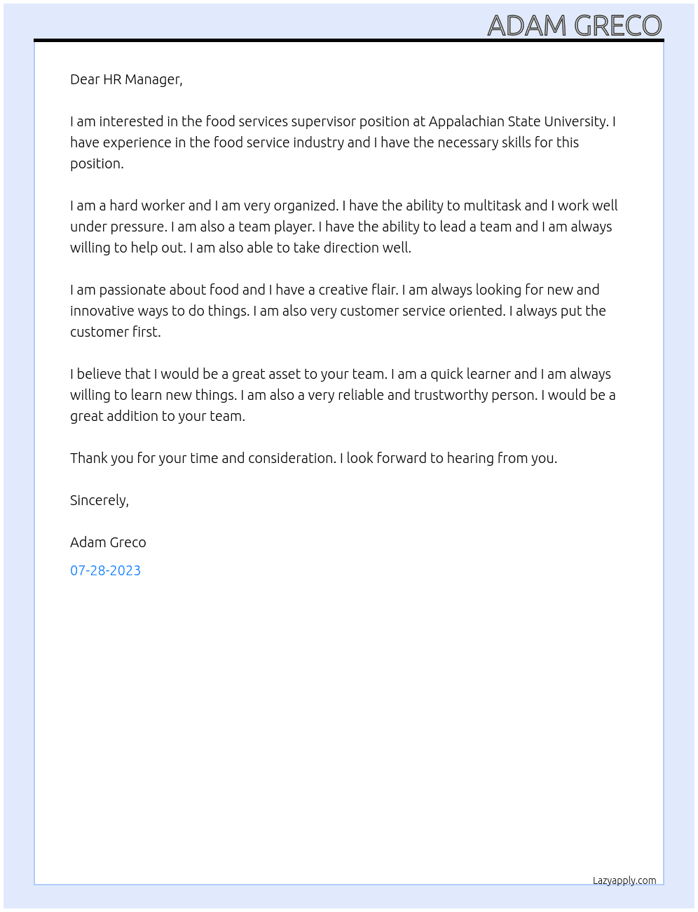Food Services Supervisor At Appalachian State University Cover Letter