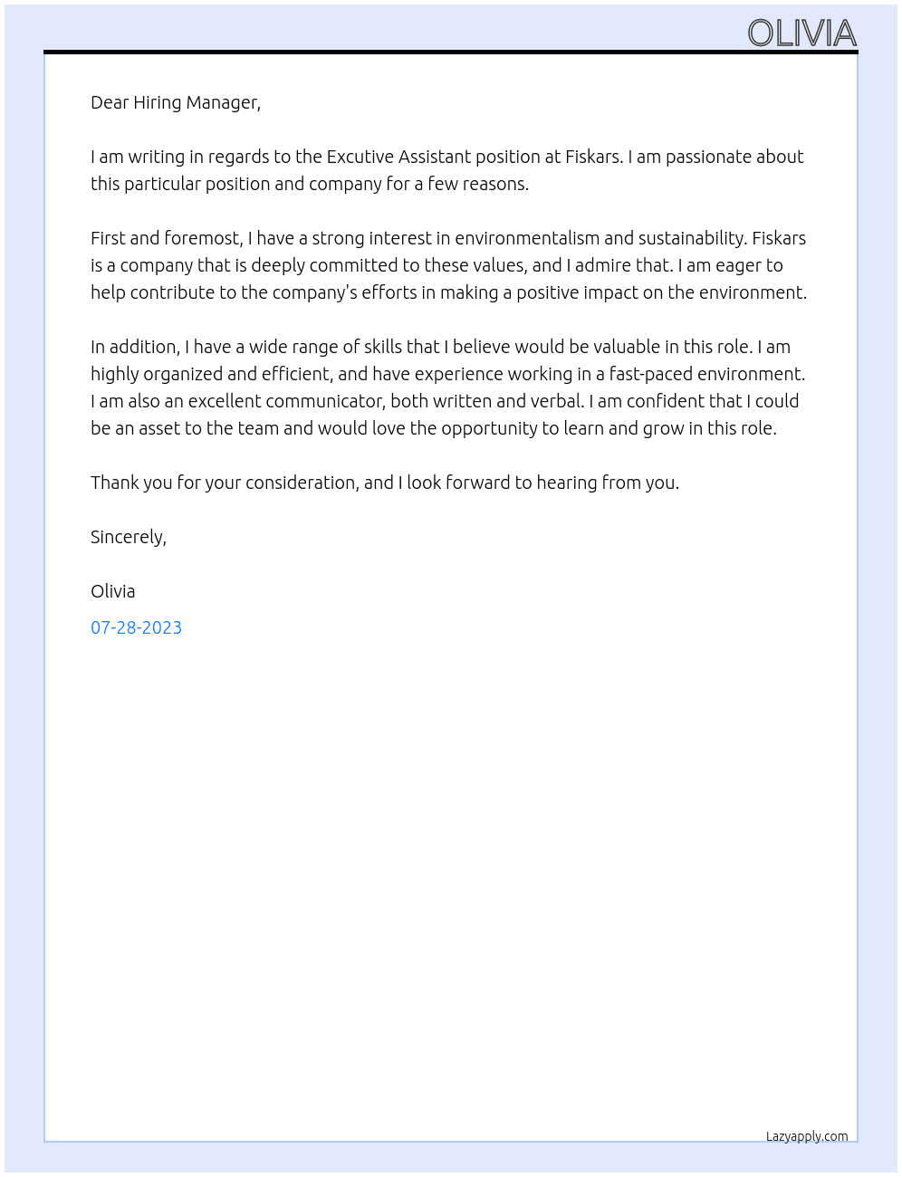 Excutive Assistant At Fiskars Cover Letter