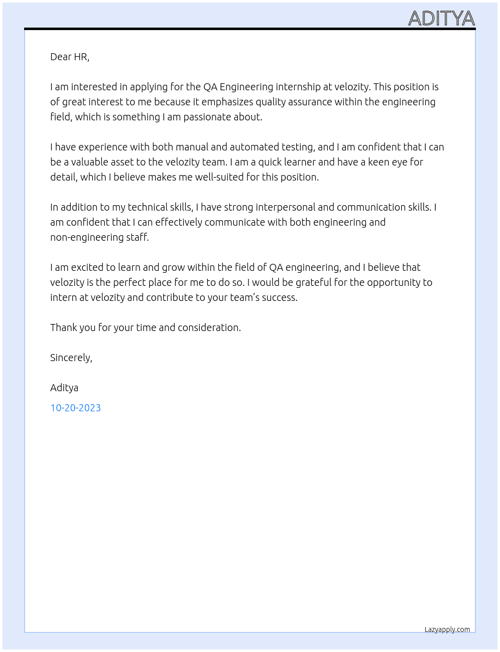 QA Engineering internship At velozity Cover Letter