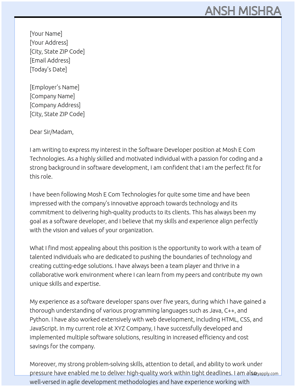 Software Developer At Mosh E Com Technologies Cover Letter