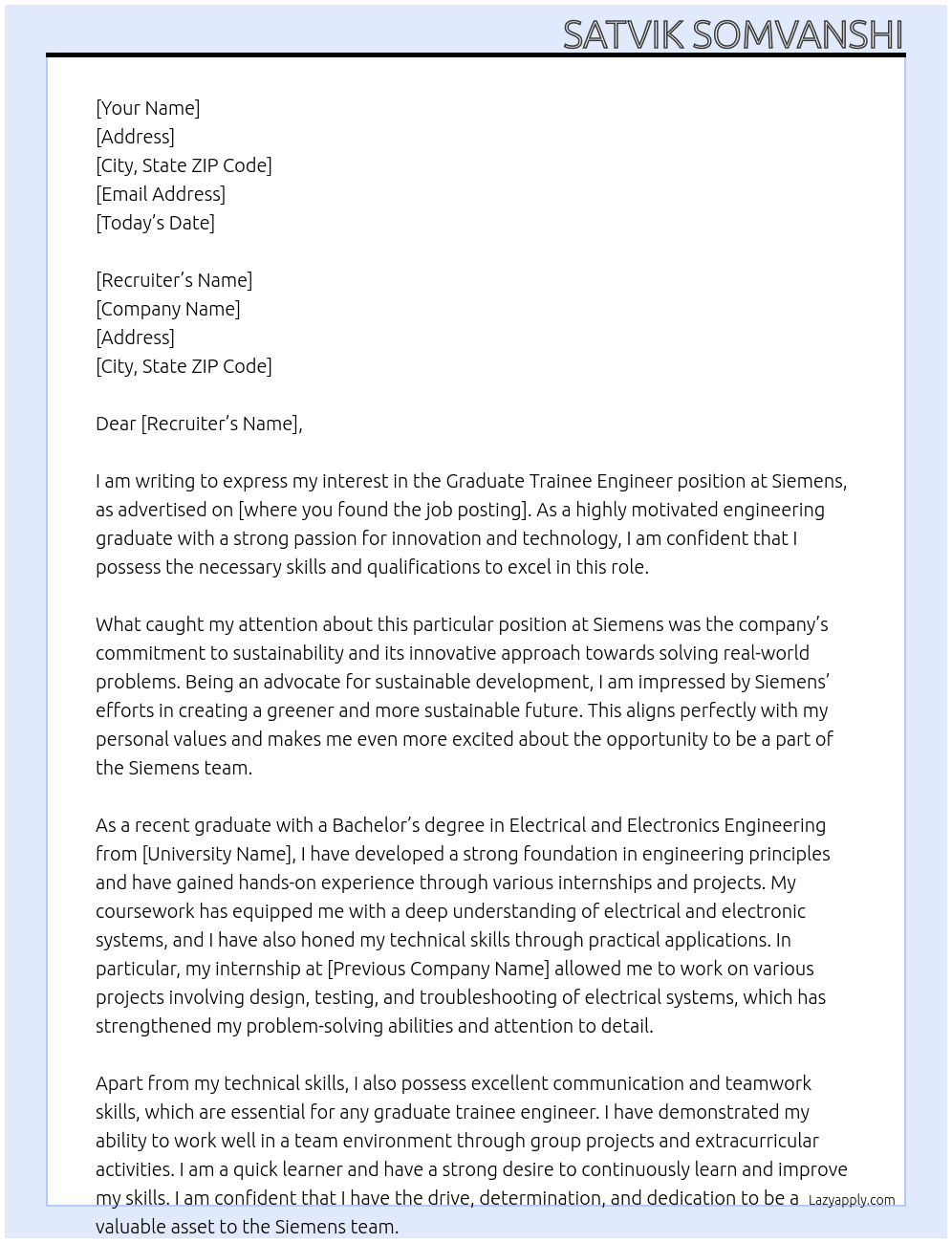 Graduate Trainee Engineer At siemens  Cover Letter