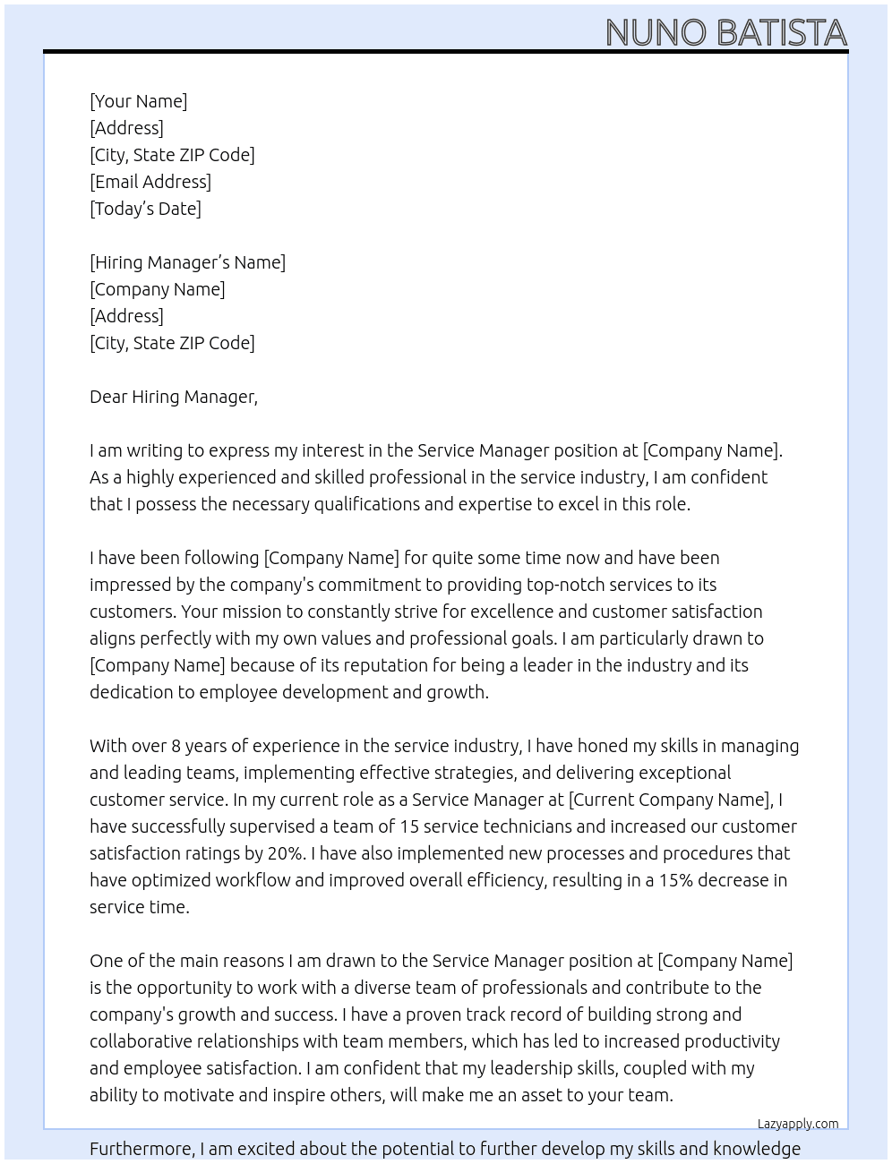 service manager At . Cover Letter