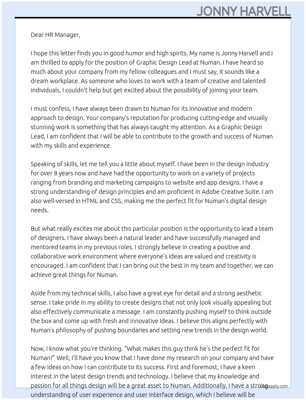 Graphic Design Lead At Numan Cover Letter