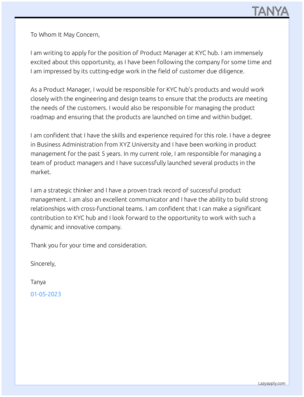 Product manager At KYC hub Cover Letter