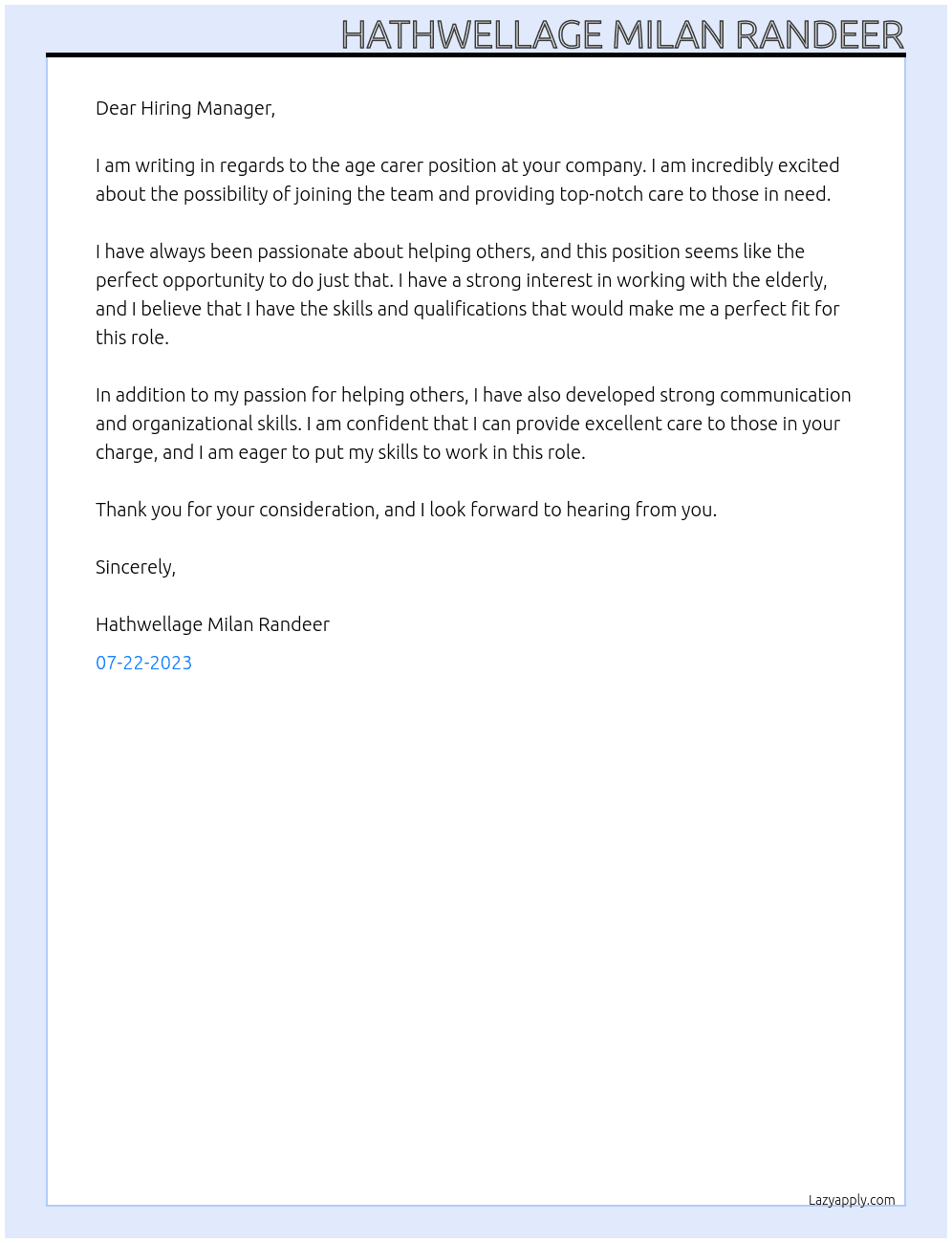 Age carer At Resective firm  Cover Letter