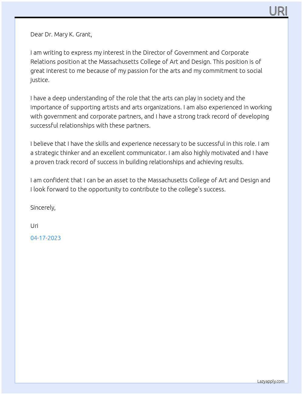 Director of Government and Corporate Relations At Massachusetts College of Art and Design Cover Letter