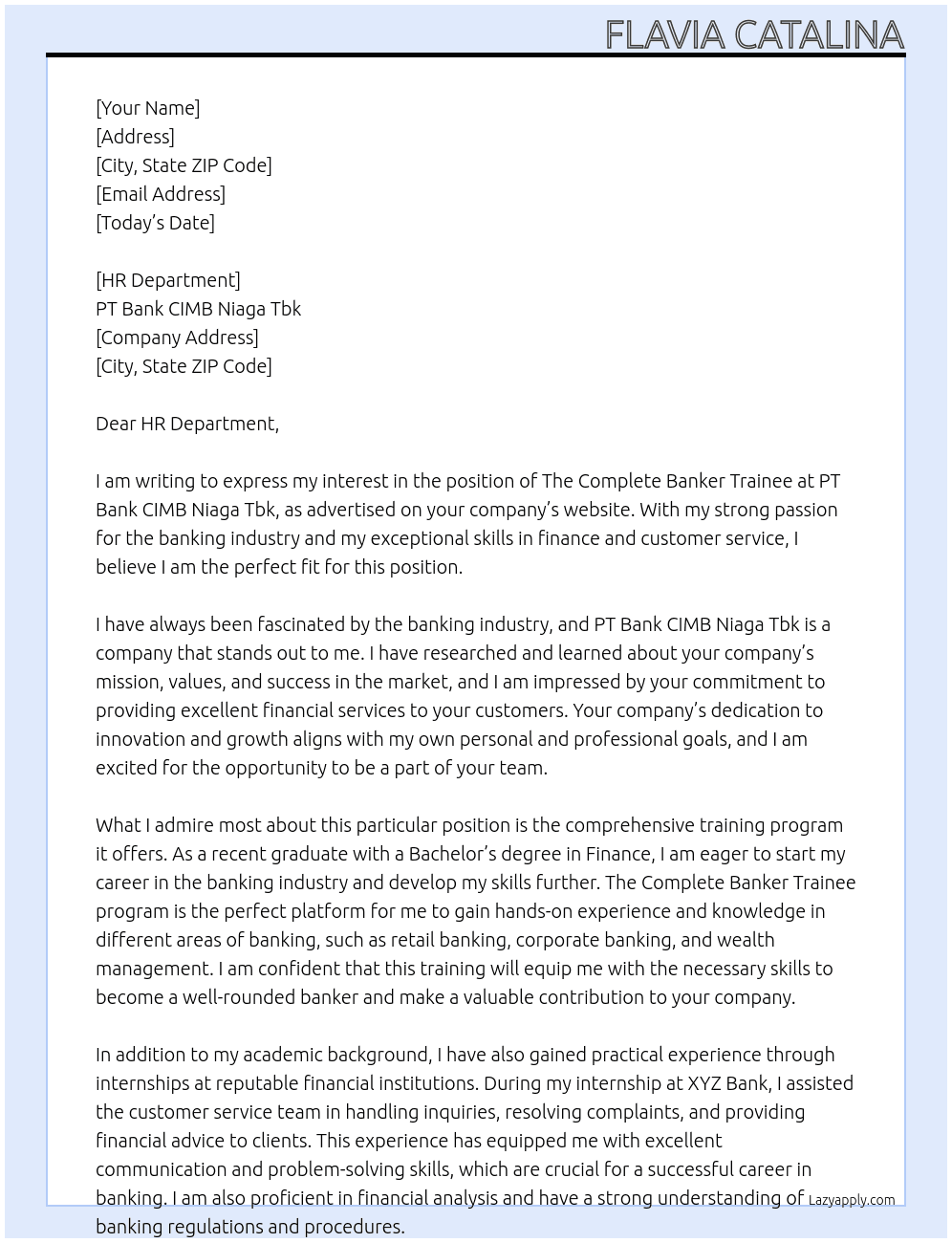 Cover letter for the complete banker trainee - LazyApply