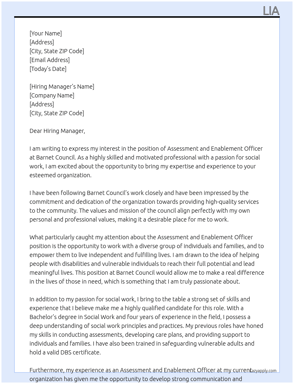 Assessment and Enablement Officer At barnet council Cover Letter