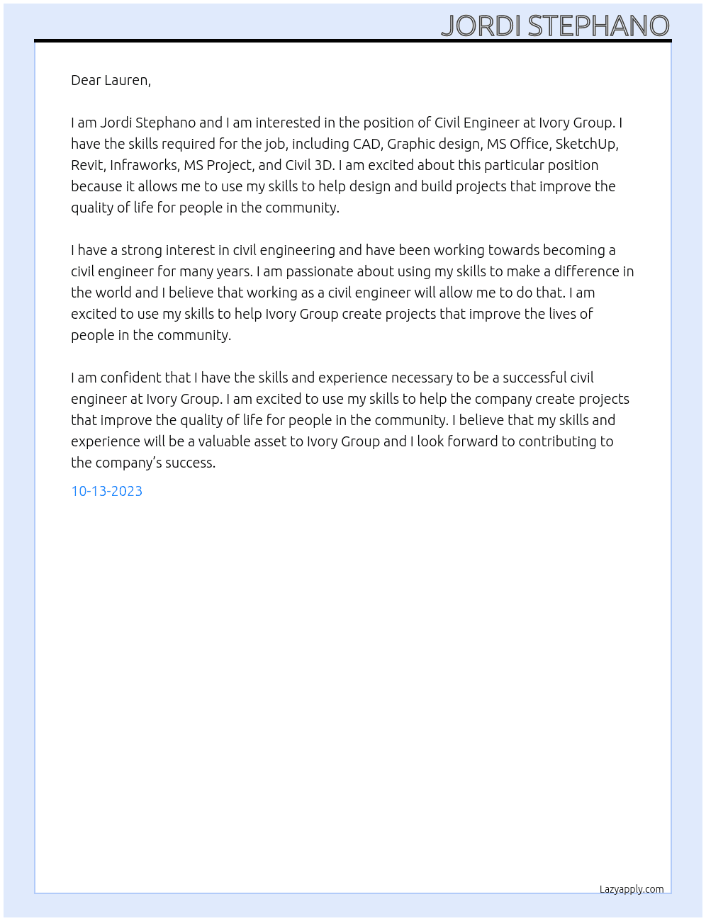 Civil engineer At Ivory group Cover Letter