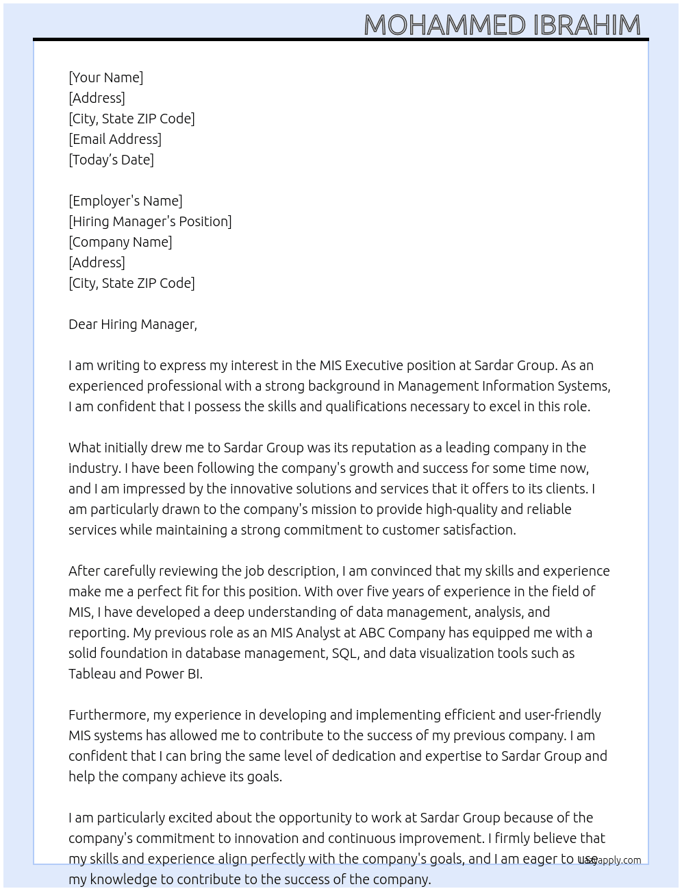 MIS Executive At Sardar Group  Cover Letter