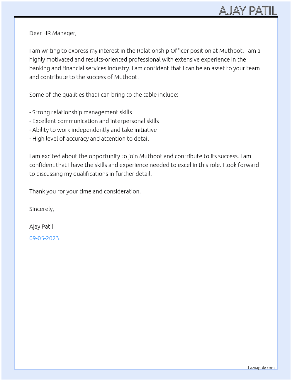 Relationship officer  At Muthoot  Cover Letter