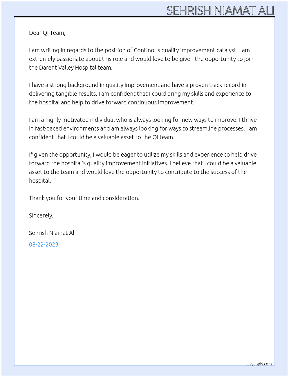Continous quality improvement catalyst  At Darent Valley Hospital Cover Letter