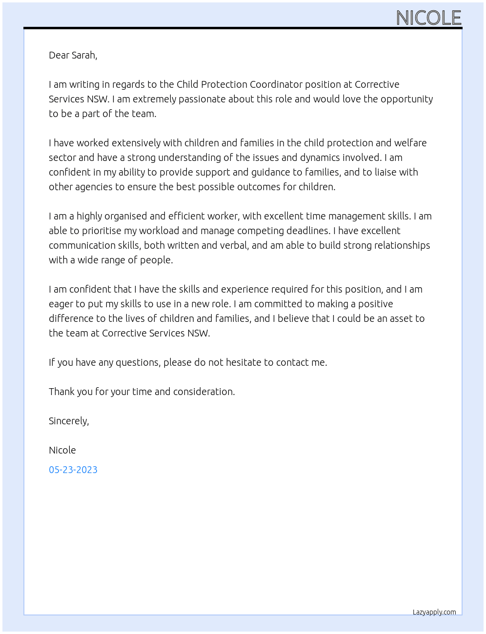 Child Protection Coordinator At Corrective Services NSW Cover Letter