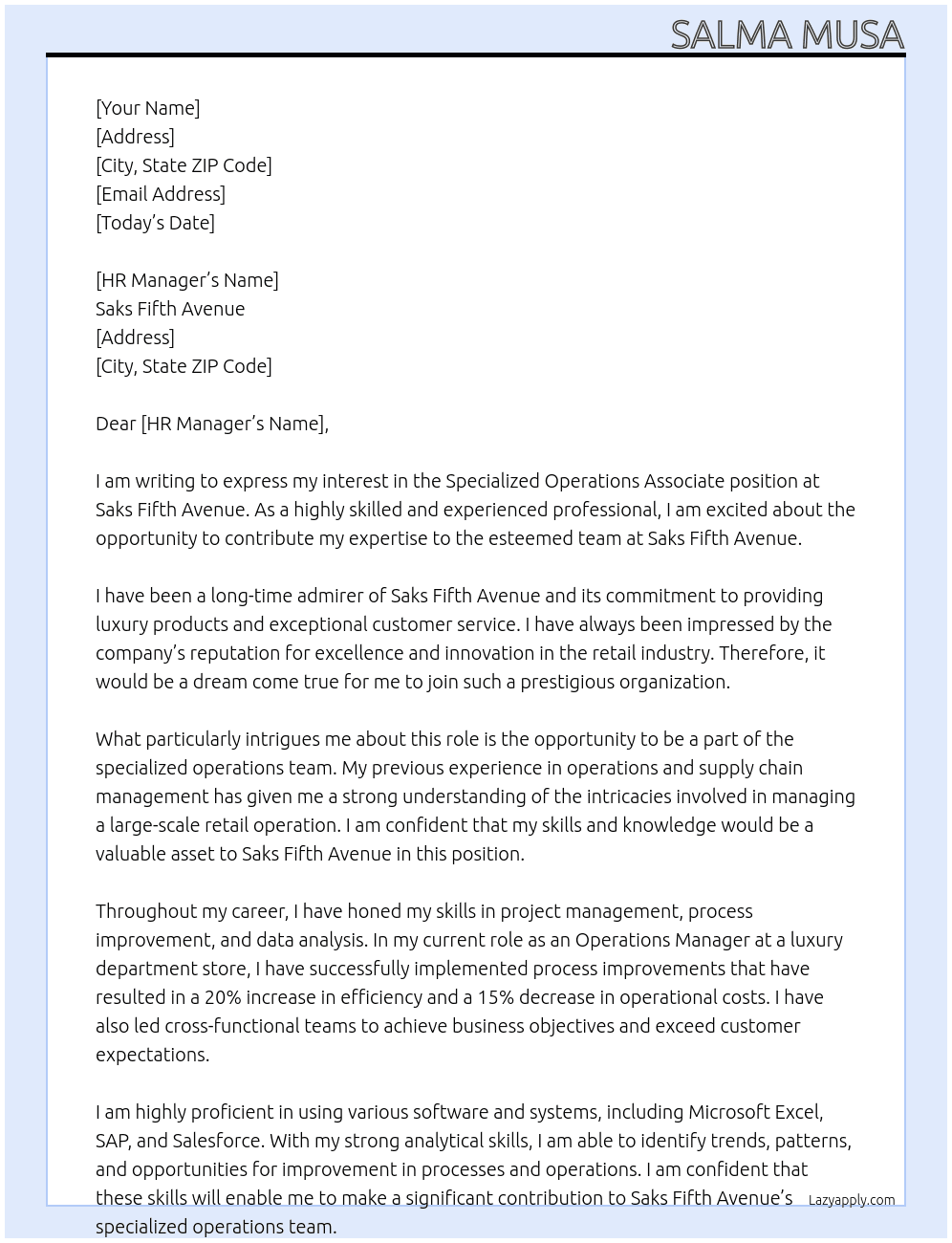 Specialized Operations Associate At Saks Fifth Avenue  Cover Letter