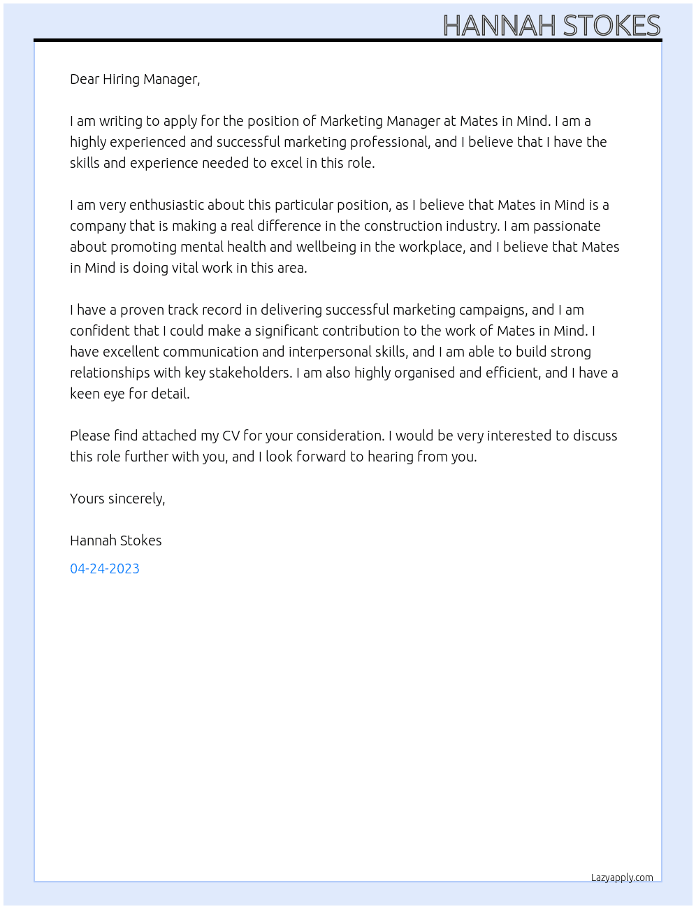 Marketing Manager At Mates in Mind Cover Letter