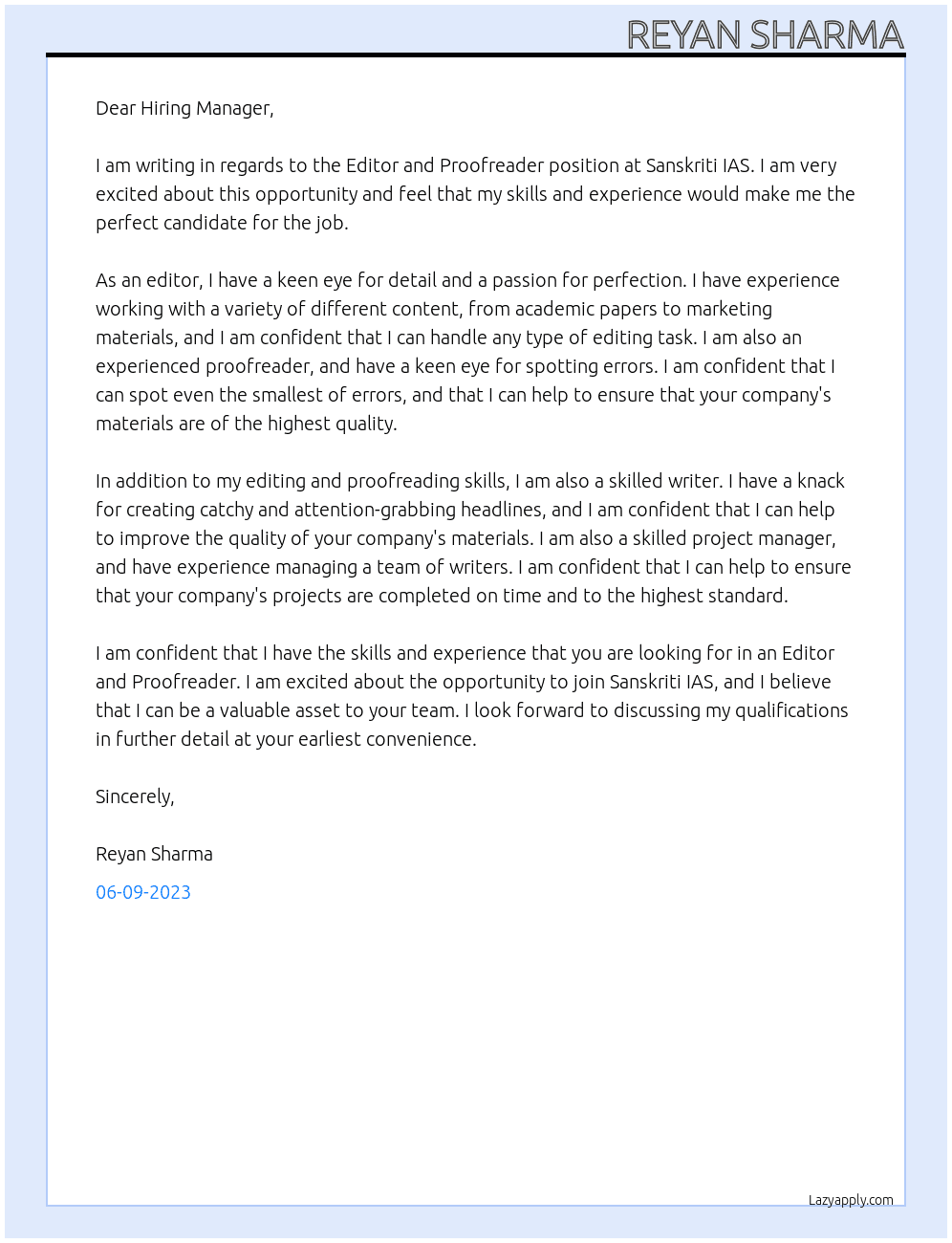 Editor and Proofreader At sanskriti ias Cover Letter