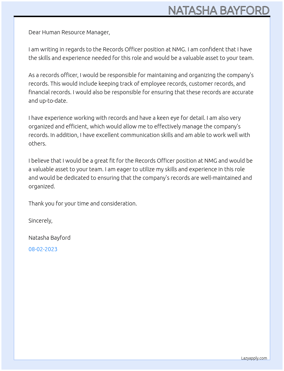 Records Officer  At NMG  Cover Letter