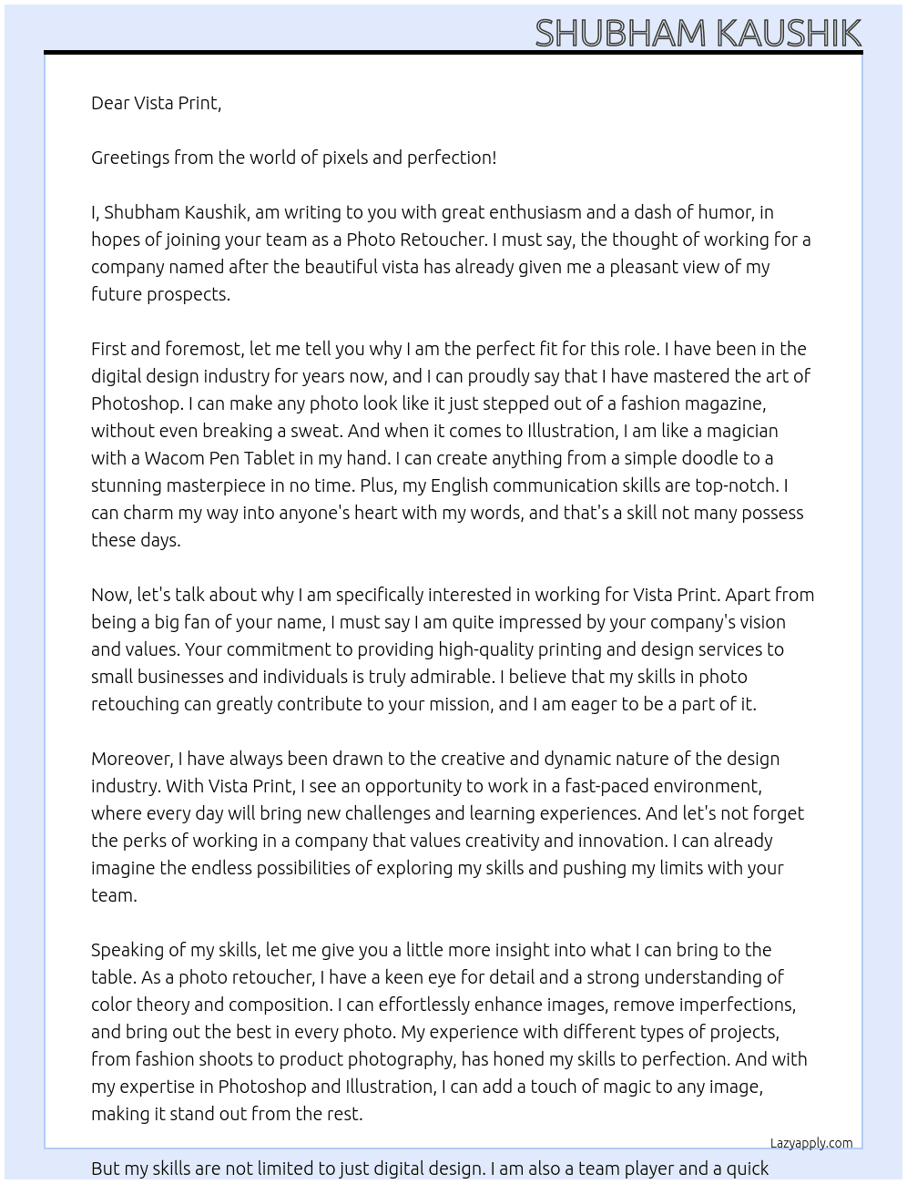 Photo Retoucher At Vista Print Cover Letter