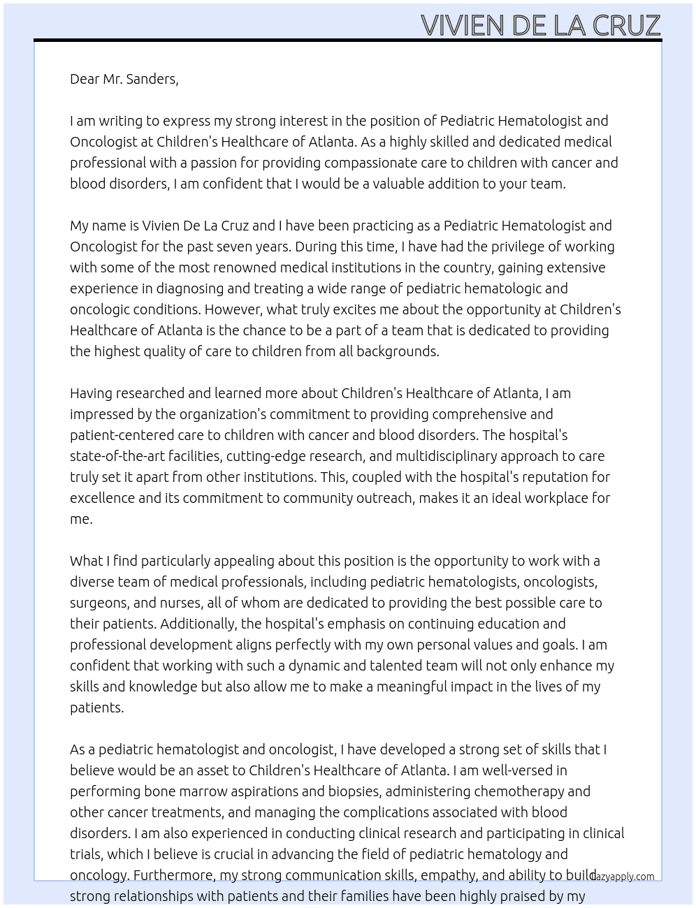 Pediatric Hematologist and Oncologist At Children's Healthcare of Atlanta Cover Letter
