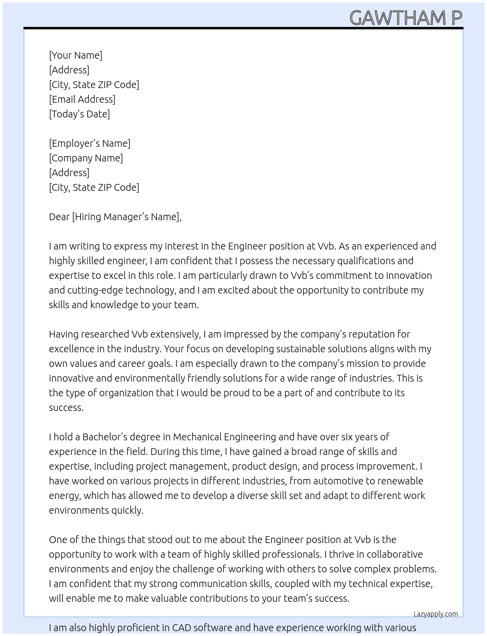 Engineer  At Vvb Cover Letter