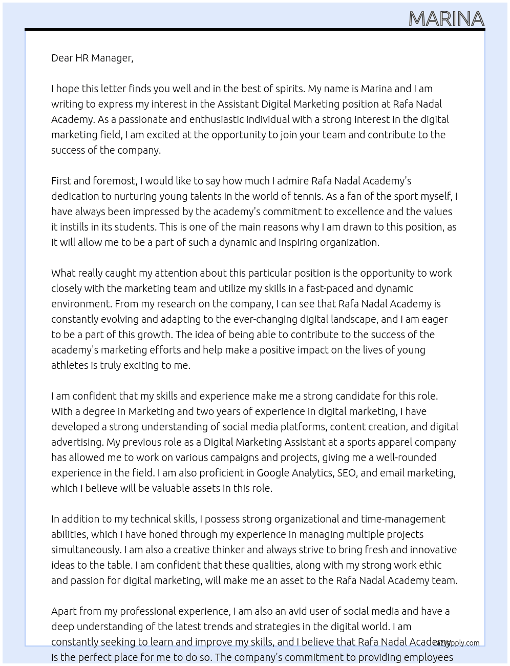 Assistant digital marketing At Rafa nadal academy Cover Letter