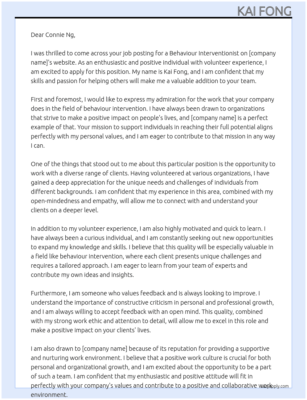 Behaviour interventionist At Connie Ng Cover Letter