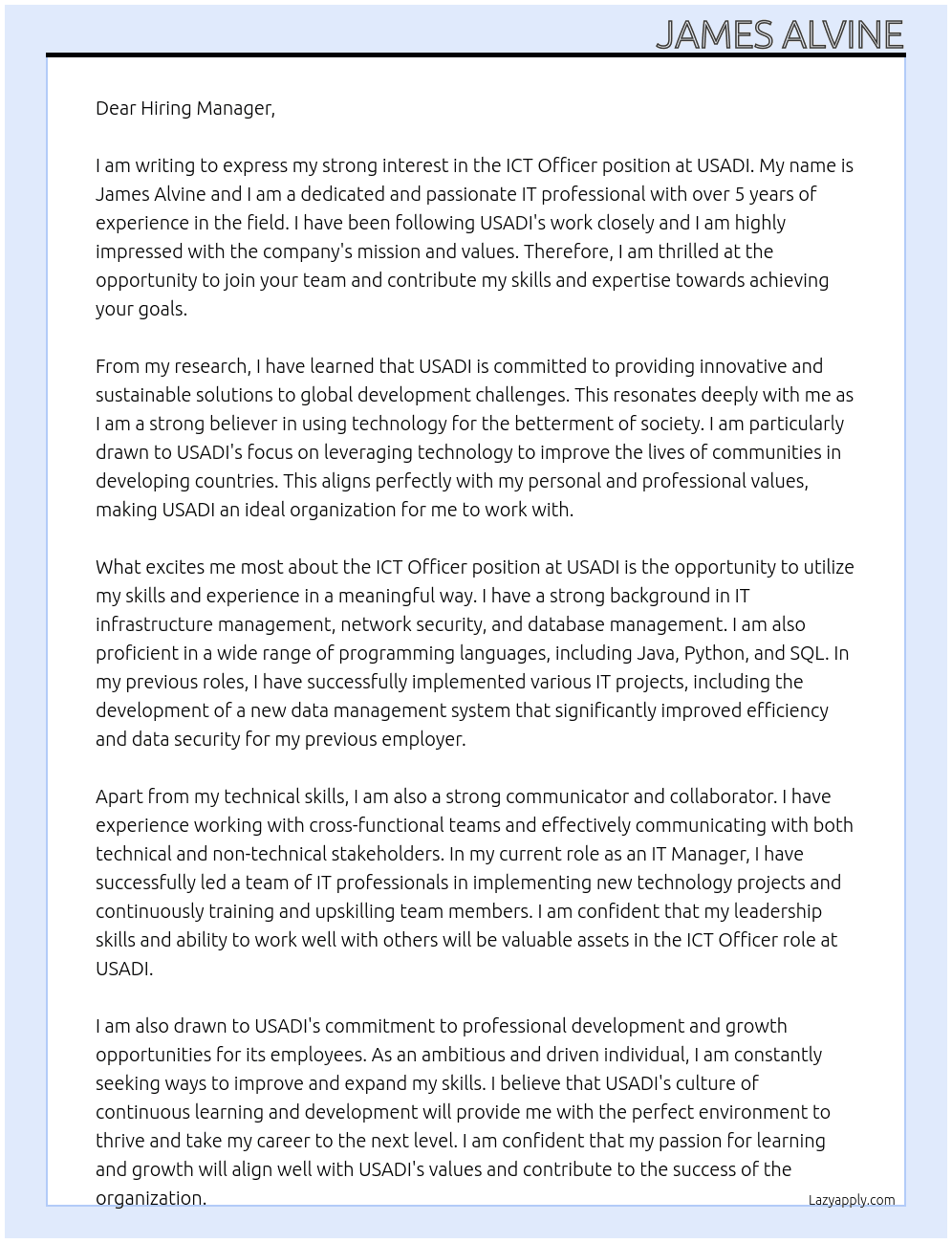 ICT Officer At USADI Cover Letter