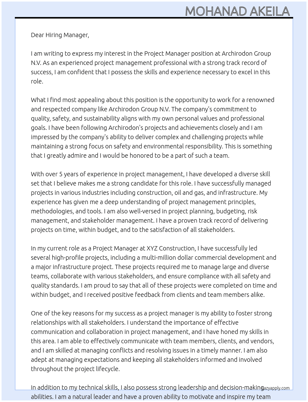 Project Manager  At Archirodon Group N.V Cover Letter
