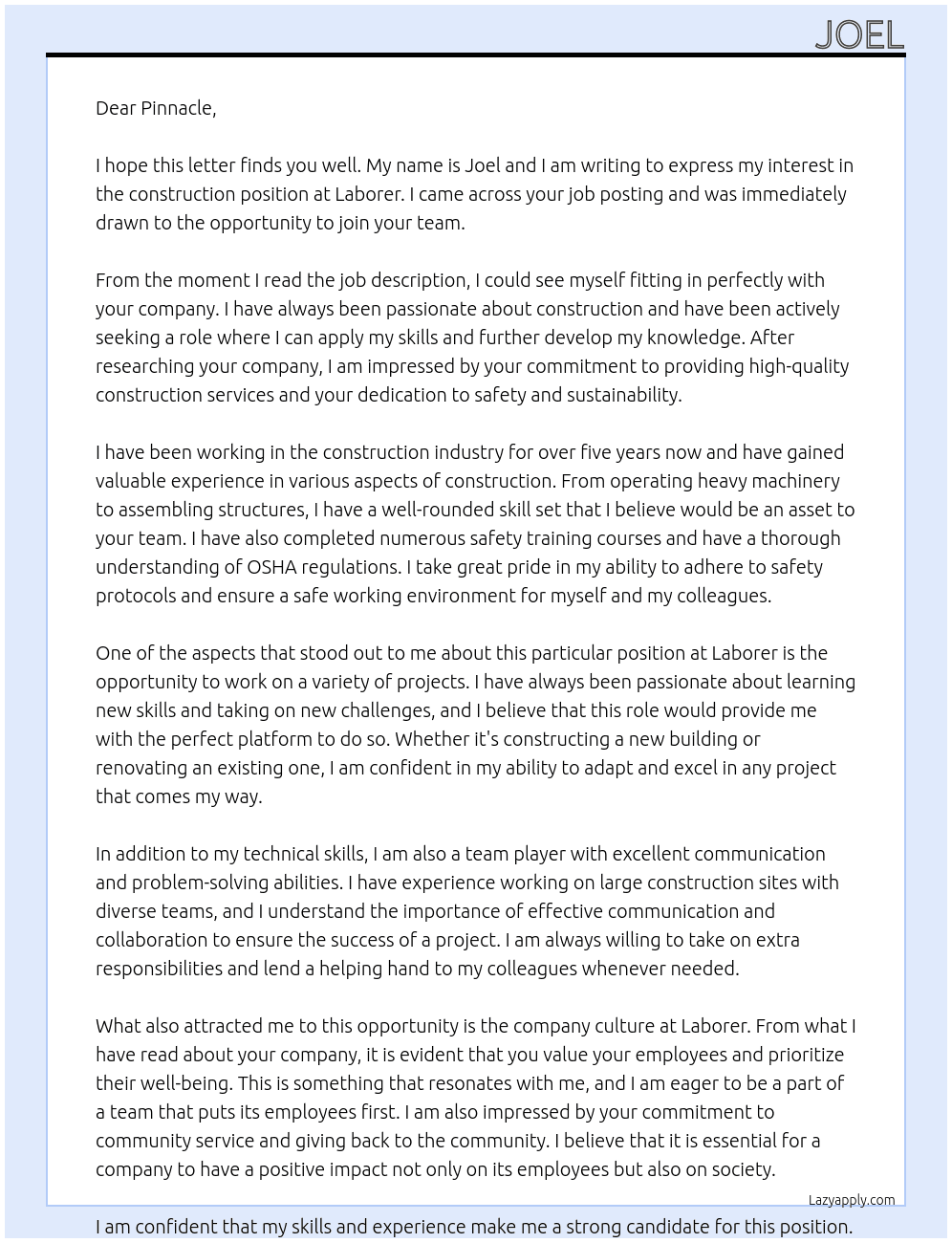 construction At laborer Cover Letter