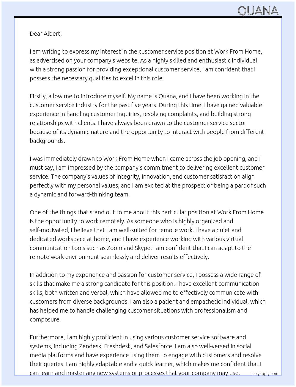 Cover letter for customer sevice - LazyApply