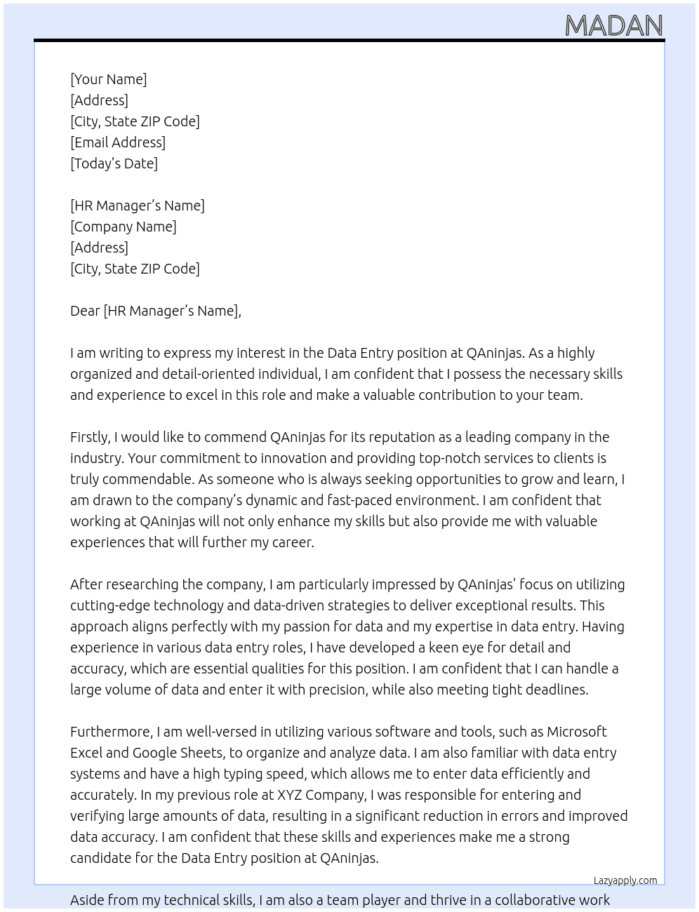 Data entry At QAninjas Cover Letter