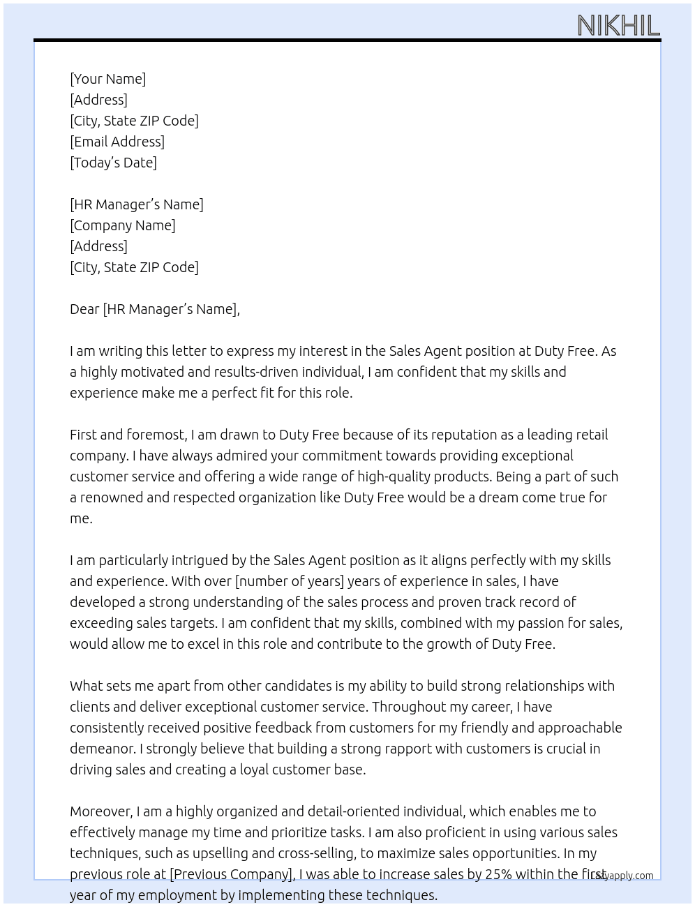 Sales Agent At Duty Free  Cover Letter