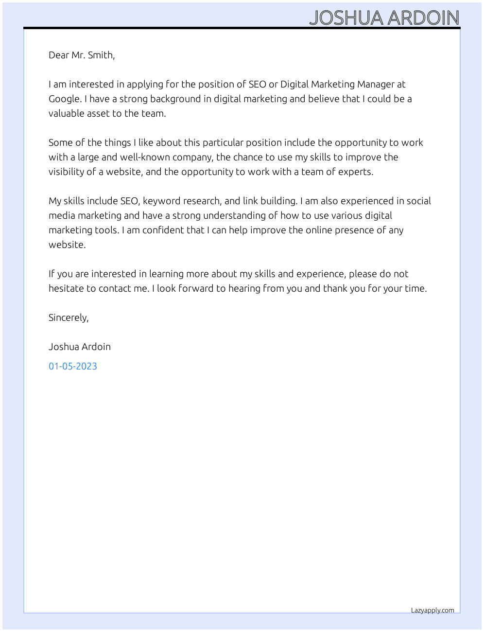 Cover letter for seo or digital marketing manager - LazyApply