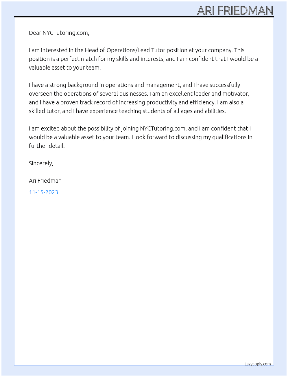 Head of Operations/Lead Tutor At NYCTutoring.com Cover Letter