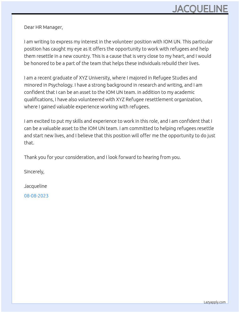 volonteer  At IOM UN Cover Letter