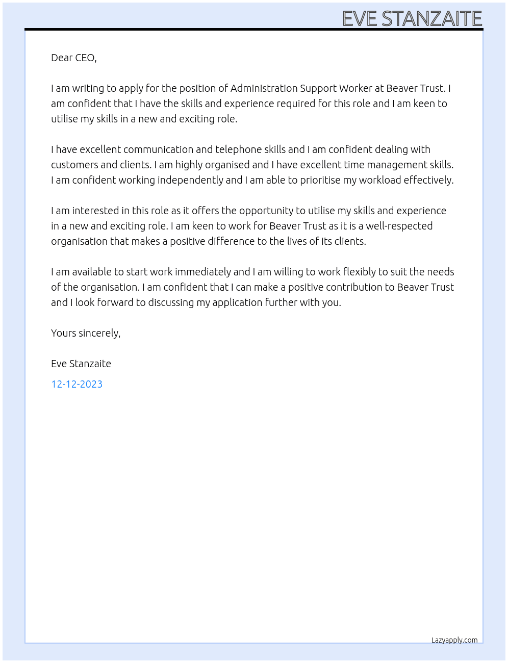 Administration Support Worker At Beaver Trust Cover Letter