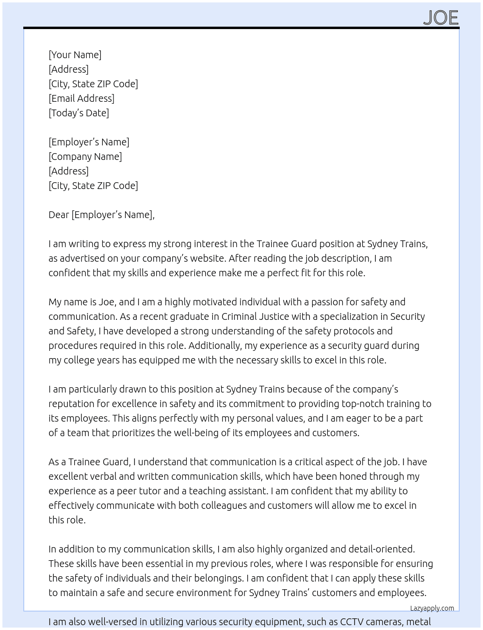 Trainee guard At Sydney Trains Cover Letter