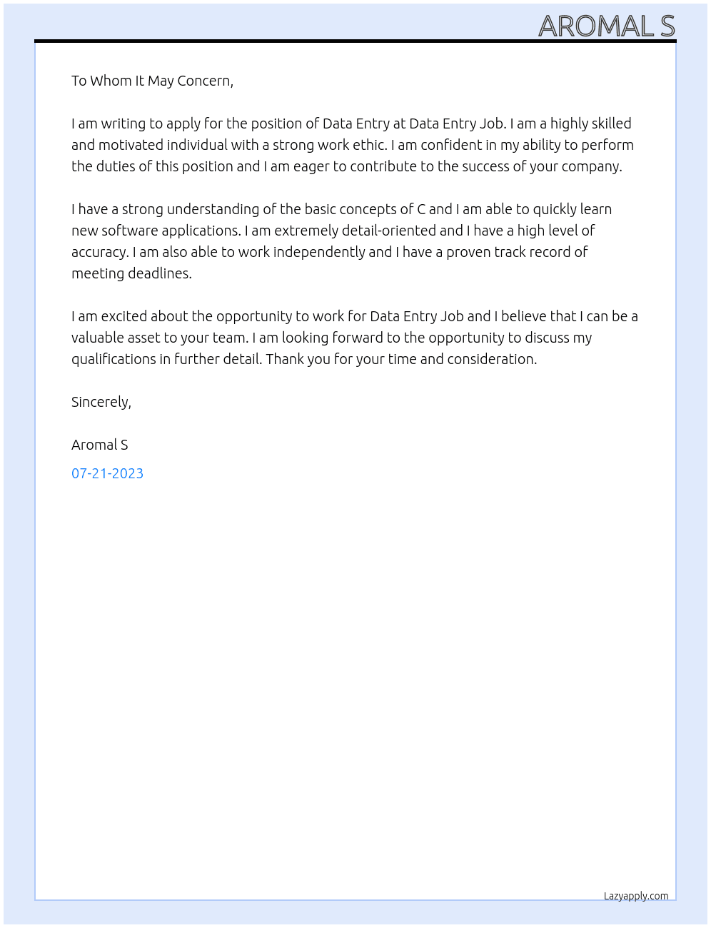 Data Entry At Data entry job Cover Letter