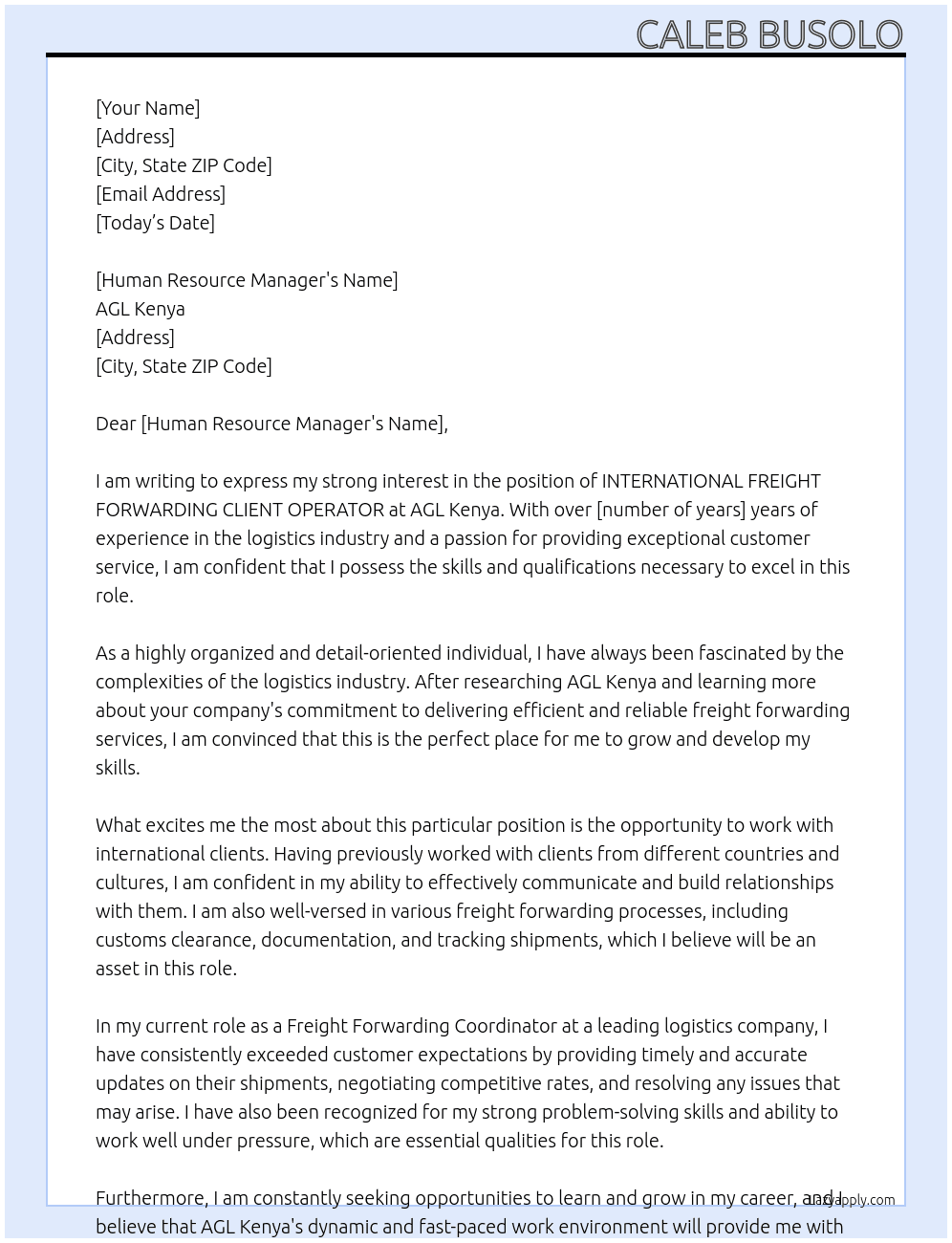 INTERNATIONAL FREIGHT FORWARDING CLIENT OPERATOR At AGL Kenya Cover Letter
