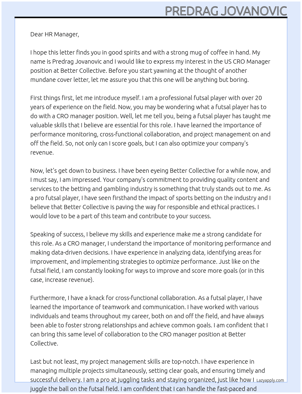 US CRO manager At Better Collective Cover Letter