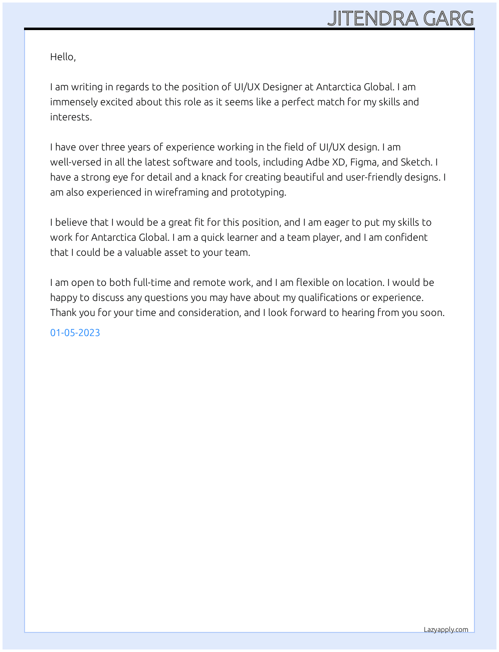 UI/UX Designer At Antarctica Global Cover Letter