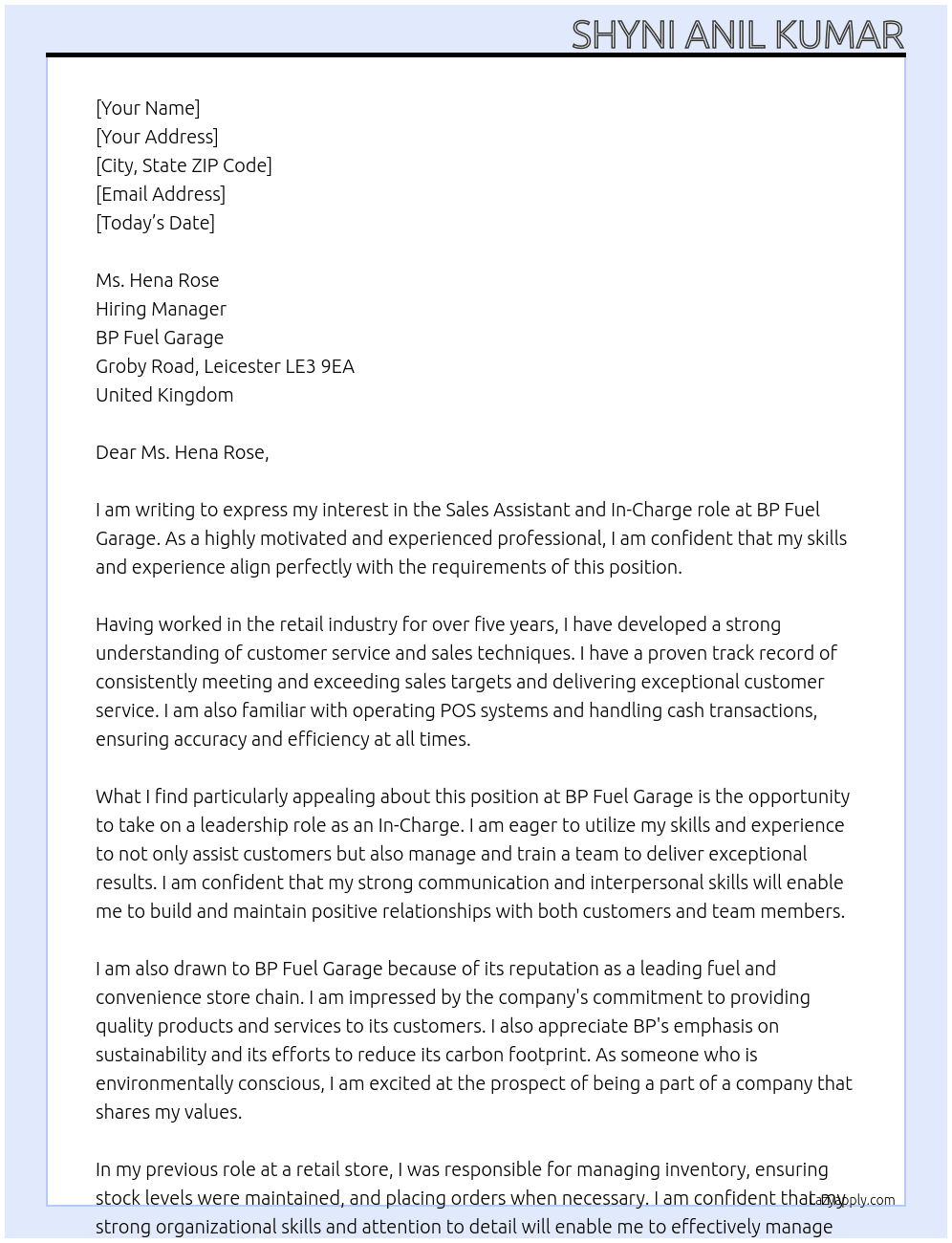 Sales Assistant  At BP Fuel  Garage Cover Letter