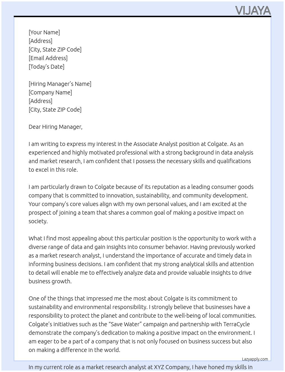 Associate Analyst At Colgate Cover Letter