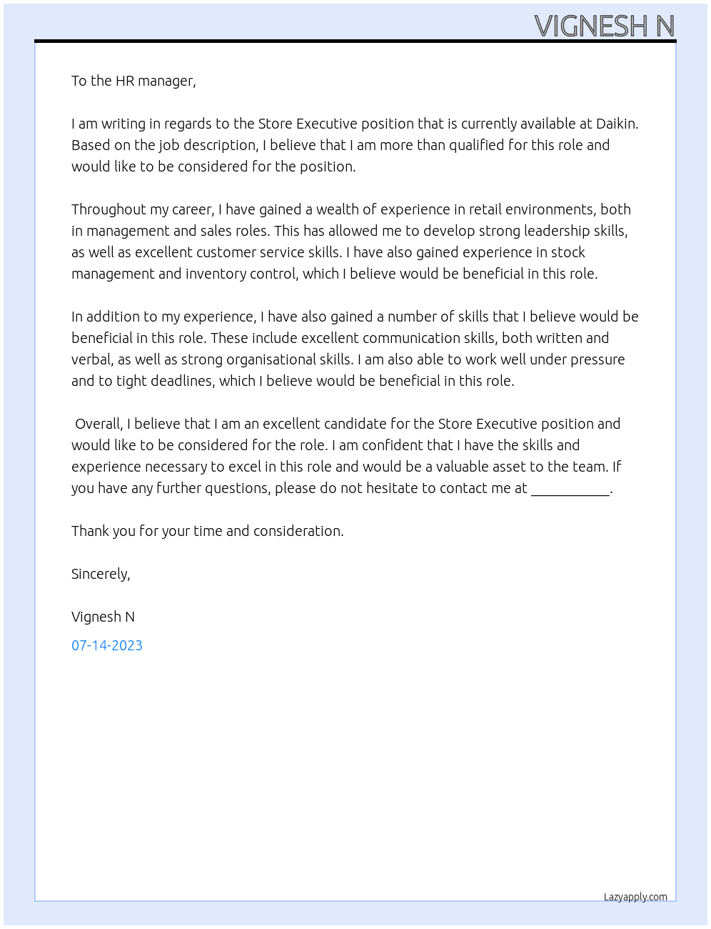 Store Executive At Daikin Cover Letter