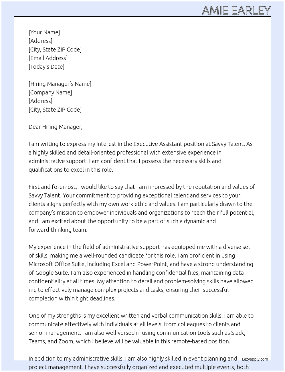 Executive Assistant At Savvy Talent Cover Letter